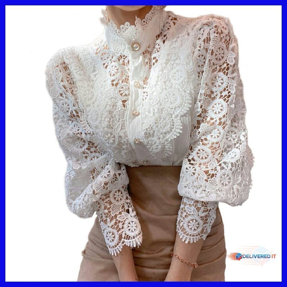 Lace Trim Victorian Blouse Long Sleeve Button Down Top